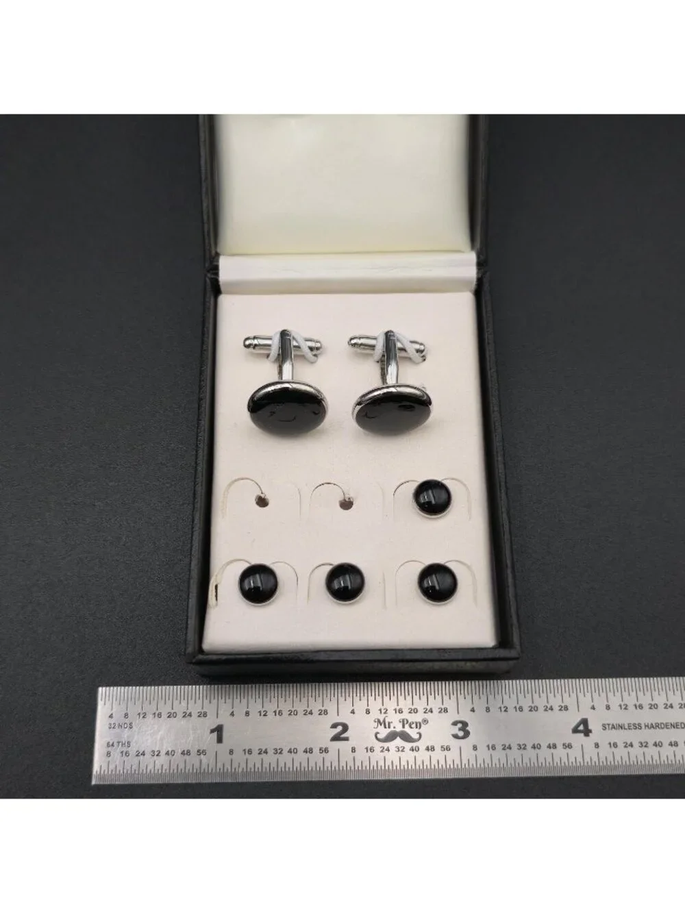 Classic Black Onyx Tuxedo Cufflinks and Studs Set with Silver Trim B1326